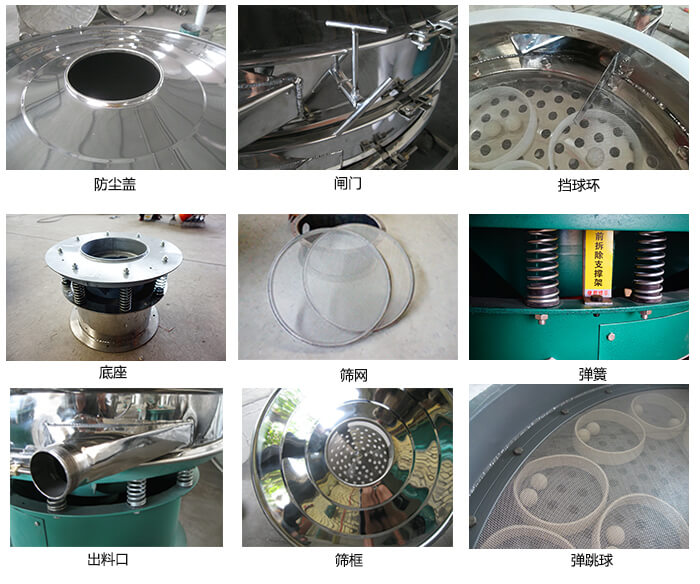 直径600型妖精动漫官网细节：网架，料斗，筛框，挡球环，防尘盖，闸门，出料口。