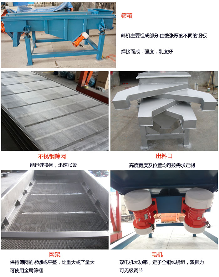 520型直线妖精动漫官网结构：筛箱：筛机主要组成部分，由数张厚度不同的钢板焊制而成，强度，刚度好。不锈钢筛网：能迅速换网，迅速张紧。电机：双电机大功率，定子全铜线绕组，激振力可无极调节。网架：保持筛网的紧绷和平整，比重大或产量大时可使用金属筛框。出料口：高度宽度及位置均可按照用户的要求来定制。