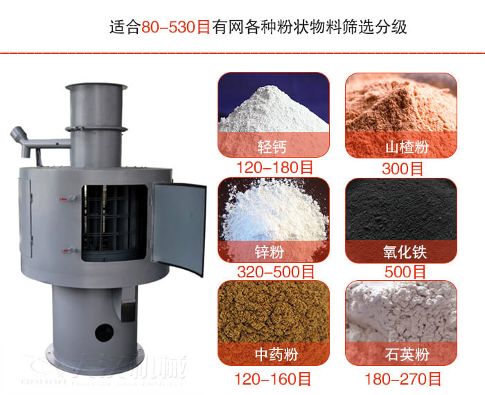 气流筛适合80-530目有网各种粉状物料筛选分级。