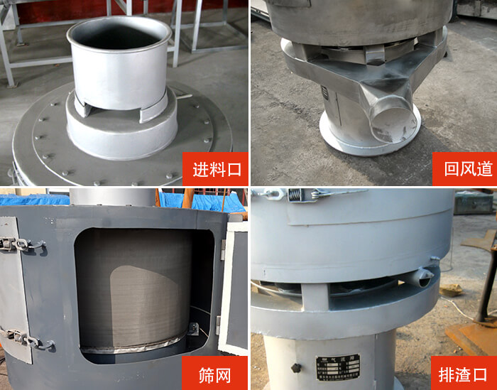气流筛分机进料口，回风道，筛网，排渣口。